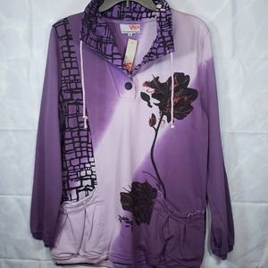 Purple Ombre Rose Pullover Distressed Pockets Sz M